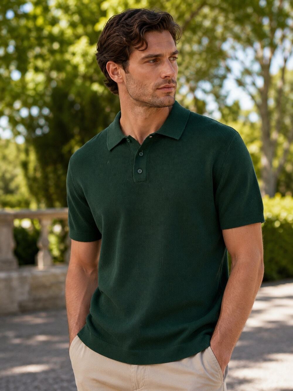 DKNY Men’s Green Cotton Knit Polo Shirt Short Sleeve Textured Size Large